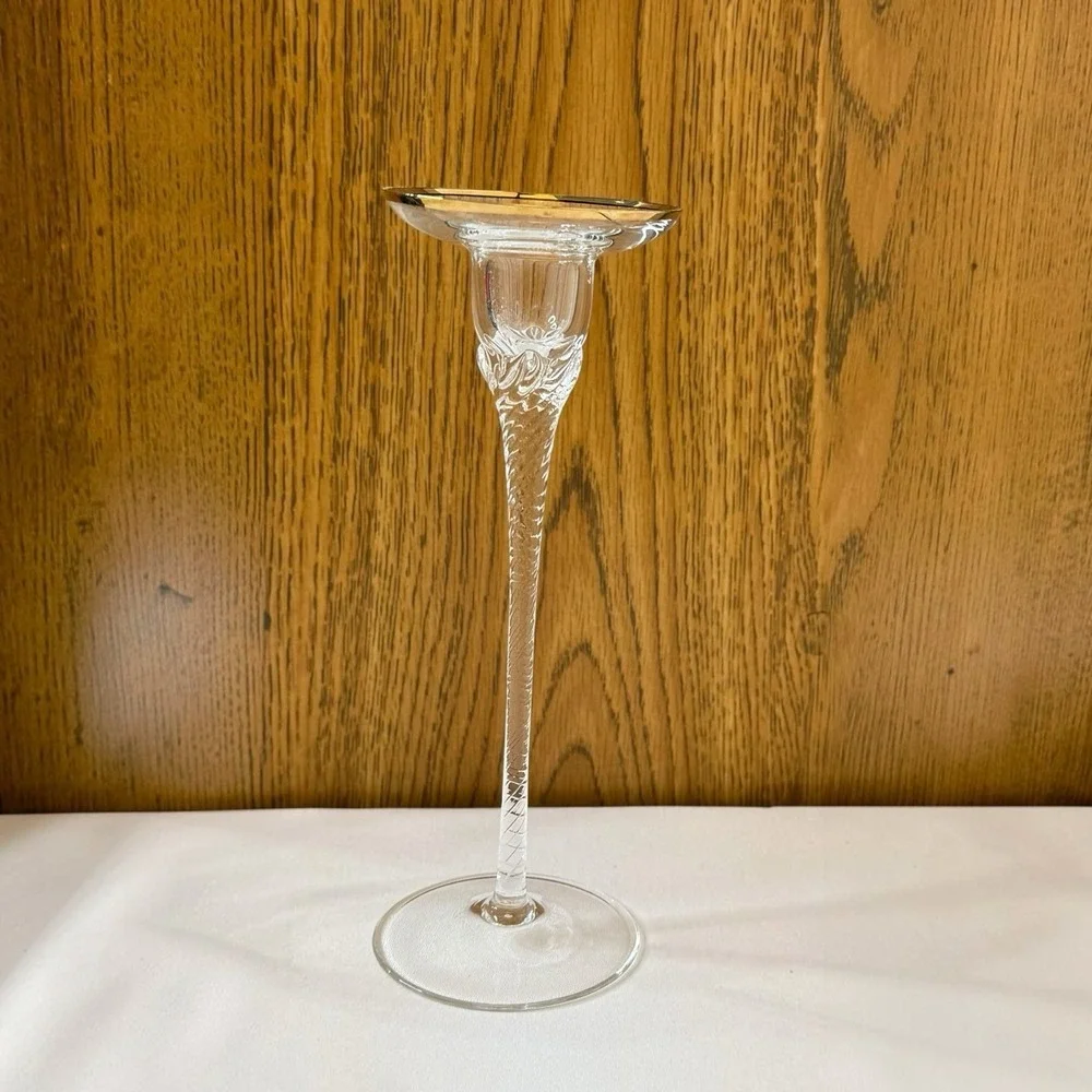 Crystal 2 Tier Tall Candlestick Holders Gold Rim Twisted Stem 8